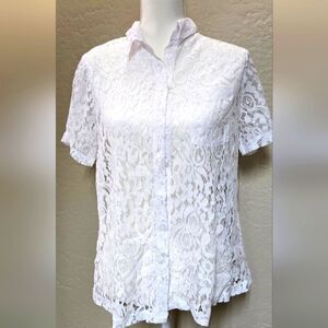Notations White Lace Button Down Women's Top